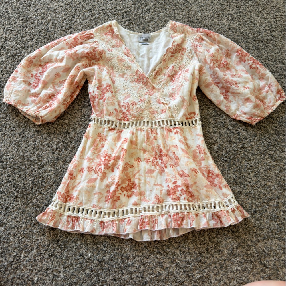 SAYLOR Cream Peasant Top with Dusty Rose Floral Print